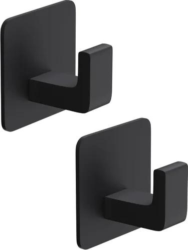 GWAAZXGZ Ganchos de toalla autoadhesivos cuadrados - Juego de 2 ganchos de metal negro mate, diseño de ángulo recto para toallas, batas y sombreros,