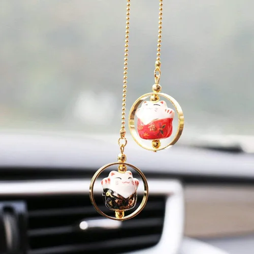 Miniatura 6 de YGMONER Lucky Cat - Adornos colgantes para espejo de automóvil, figura de porcelana, accesorios de decoración interior de automóvil (negro y rojo)