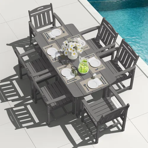 Juego de comedor de patio al aire libre de HDPE con mesa y 6 sillas, juego de mesa y sillas de 7 piezas para todo clima, agujero para sombrilla de 2