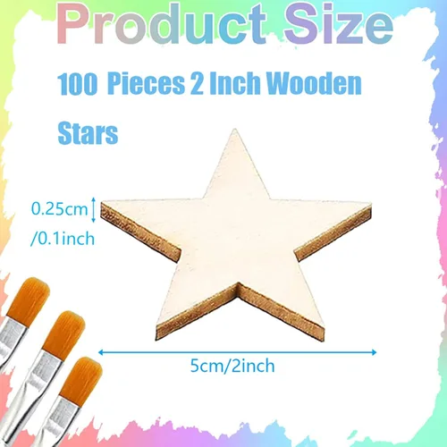 Miniatura 2 de 100 piezas de estrellas de madera de 2 pulgadas con forma de estrellas de madera sin terminar, recortes de estrellas de madera en blanco