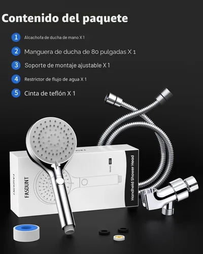 Miniatura 9 de Cabezal de ducha FASDUNT con mango, cabezal de ducha de mano de alta presión con manguera de acero inoxidable extra larga de 203 cm y soporte Cromo