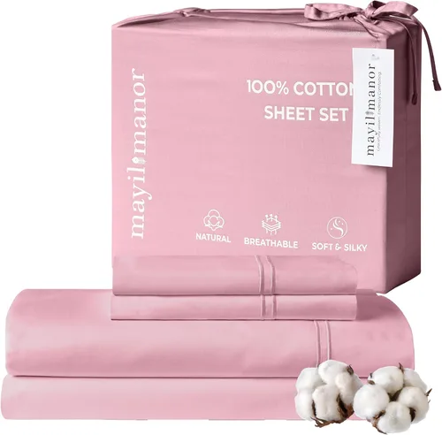 Miniatura 33 de Sábanas de Cama de Algodón 100% Natural Juego de Sábanas Cal King de Tejido Satén de Una Sola Capa 500 TC Ropa de Cama Sólida Transpirable e