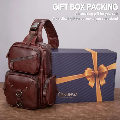 Miniatura 2 de Bolso bandolera de cuero genuino para hombre, bolso cruzado grande, bolso de hombro casual, mochila antirrobo, bolsa de viaje en el pecho