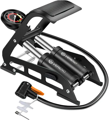 VERENO Double Barrel Bike Floor Foot Pump,Portable Air Pump Inflator Pump with 160PSI Precision Pressure Gauge Fits Presta Schrader and Deutschland