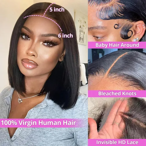 Miniatura 2 de Star Show Peluca de cabello humano sin pegamento, precortada 5x6 HD, encaje frontal, nudos blanqueados, 10 pulgadas