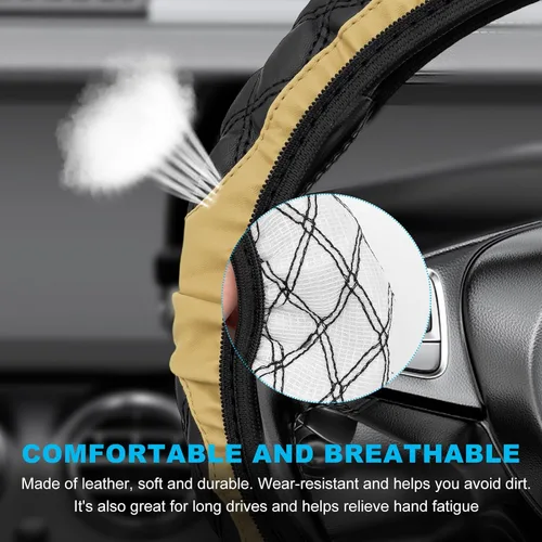 Miniatura 6 de povtii Funda para volante de automóvil, 15 pulgadas, cuero antideslizante, protector de volante de automóvil, alfombrillas de funda suave universal