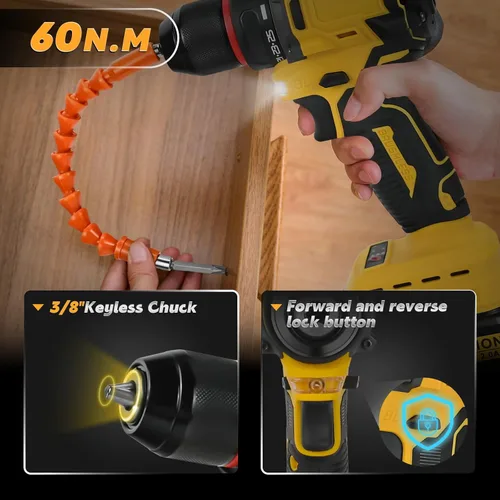 Miniatura 5 de Taladro inalámbrico, taladro eléctrico para batería Dewalt de 20 V, destornillador sin escobillas con 2 velocidades variables, par de torsión 25+1
