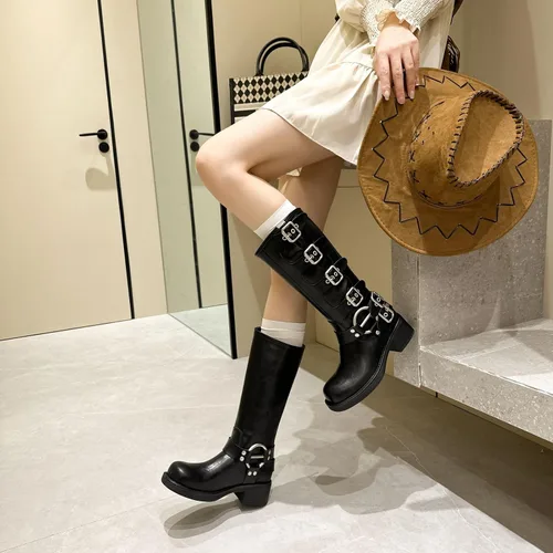 Miniatura 4 de Vertundy Botas altas hasta la rodilla para mujer, botas de tacón bajo grueso de pantorrilla ancha, botas vaqueras de equitación occidental, botas