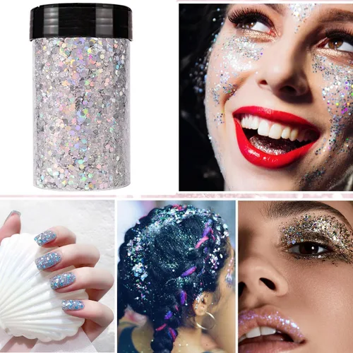Miniatura 4 de Purpurina artesanal mixta holográfica gruesa y fina, 190g/6.7oz a granel, lentejuelas láser para arte de uñas, cara y cuerpo, para hacer joyas
