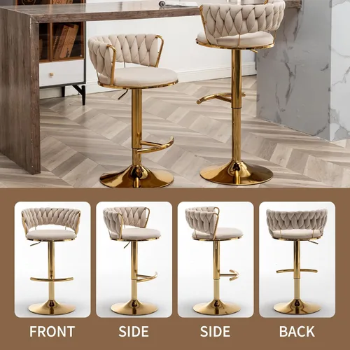 Miniatura 6 de Taburetes de bar dorados juego de 2, taburetes de bar de terciopelo giratorios con respaldo tejido, taburetes ajustables para isla de cocina, Beige