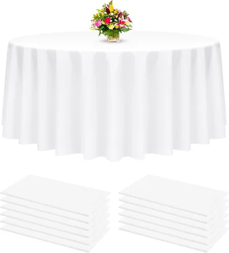 Miniatura 10 de YMHPRIDE Paquete de 12 manteles de plástico desechables, manteles desechables negros de 60 pulgadas para mesas redondas, manteles de plástico