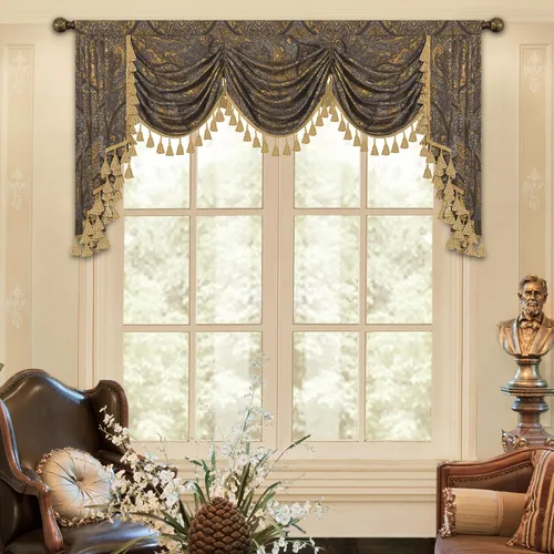 Miniatura 27 de Loom and Mill Cenefa de cascada de lujo de jacquard para sala de estar, elegantes cenefas de ventana con festones y cuentas damascadas, cortinas