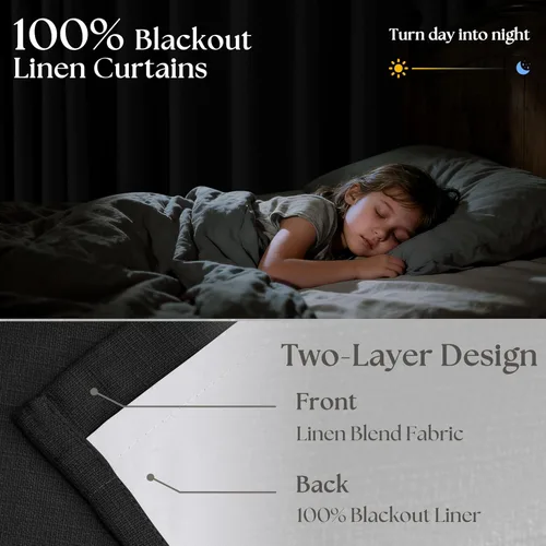 Miniatura 2 de Juego de 2 paneles de cortinas plisadas negras de 80 pulgadas para sala de estar, cortinas plisadas de lino con forro de 80 pulgadas de largo, 100%