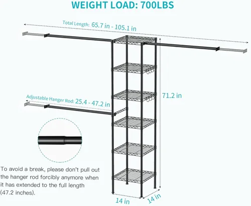 Miniatura 6 de Ulif M1 Sistema Organizador de Almacenamiento para Closet, Perchero de Ropa de Metal Resistente de 6 Niveles con 3 Varillas Extensibles para Colgar