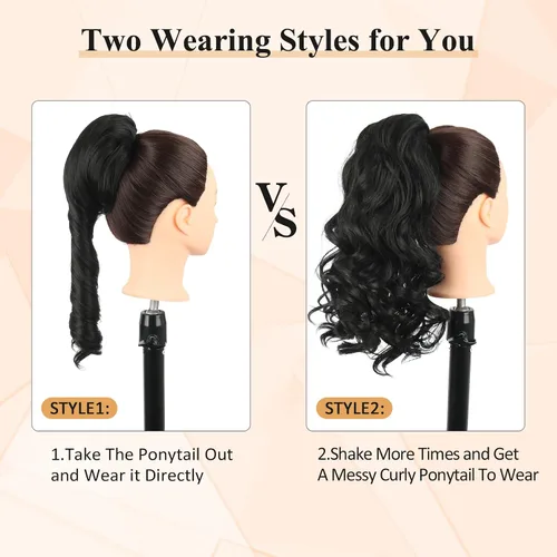 Miniatura 2 de KRSI Extensión de cola de caballo corta con cordón de 14 pulgadas para mujeres negras, cabello negro rizado, cola de caballo ondulada, piezas