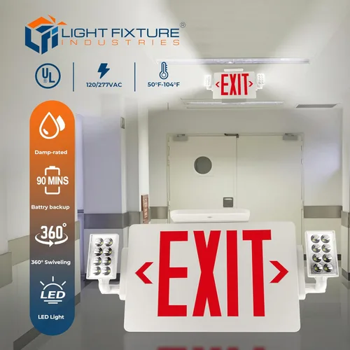 Miniatura 9 de LFI Lights Thin COMBO UL 924 Listed, LED rojo, señal de salida con luces de emergencia, blanco, 120-277 VCA cableada con batería de respaldo, doble
