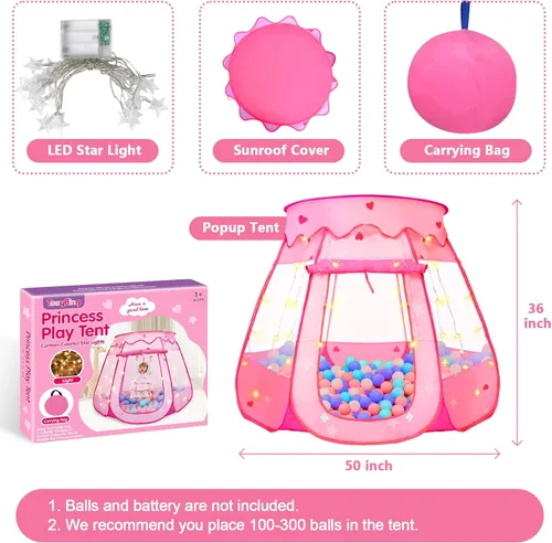 Miniatura 3 de TooyBing Tienda de campaña desplegable de princesa con luz de estrella, juguetes para niñas de 1, 2, 3 años, regalo de cumpleaños, pozo de pelotas