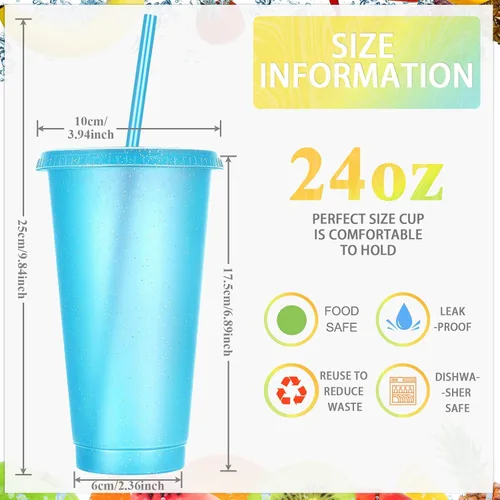 Miniatura 4 de Honeydak Paquete de 60 vasos con popote y tapa, vasos a granel para regalos, tazas de café de plástico con purpurina de 24 a 27 onzas, botella