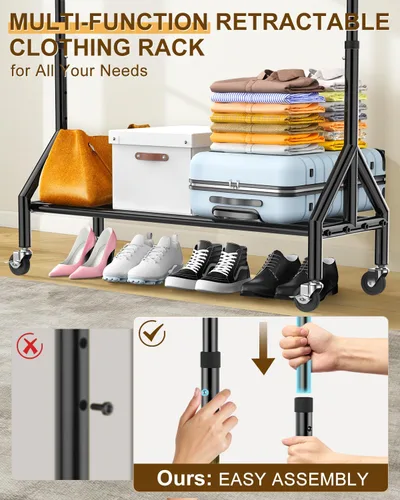 Miniatura 6 de Perchero de ropa resistente con carga de 520 libras, perchero ajustable con ruedas resistentes, percheros industriales de metal para colgar ropa