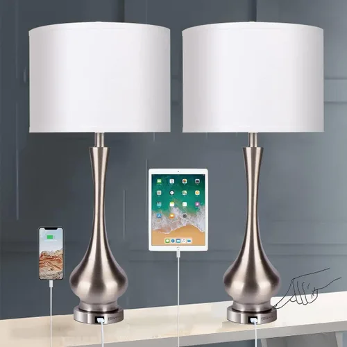 Miniatura 10 de Lámpara táctil para dormitorios juego de 2, juegos de lámparas de mesa de noche regulables de 3 vías con pantalla de tela de lino, lámpara