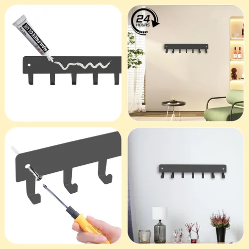 Miniatura 6 de Paquete de 2 soportes para llaves de pared, 10 ganchos para llaves de automóvil para pared, no requiere perforaciones, adhesivo para llavero
