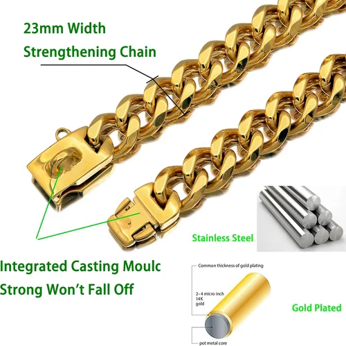 Miniatura 2 de Collares dorados de acero inoxidable fuertes para perros con cierre de hebilla de seguridad, collar de entrenamiento de cadena de eslabones cubanos