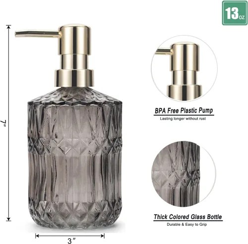 Miniatura 2 de IVAILEX Dispensador de jabón de vidrio de 12 oz/13.2 fl oz para baño y cocina, dispensador de jabón de manos/loción con bomba de plástico ABS, gris