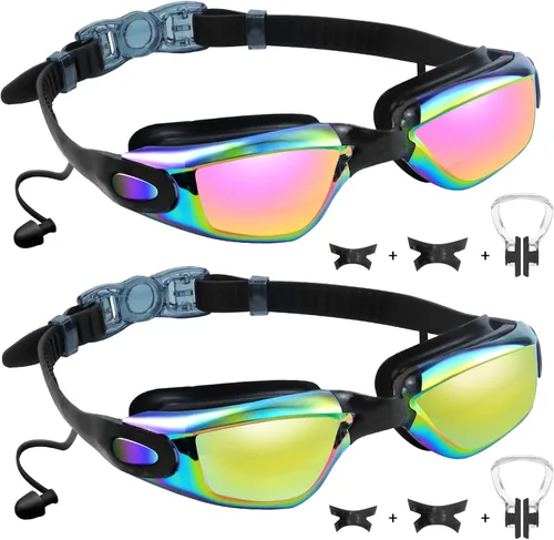 Vvinca Swimming Goggles for Kids 3-15 years-2 Pack, Kids Goggles Anti-Fog/UV No Leaking Swim Goggles for Kids 03-negro oro y negro rosa