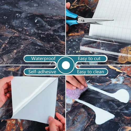 Miniatura 8 de VEELIKE Papel de contacto de mármol brillante para encimeras, papel adhesivo de mármol dorado azul marino para encimeras, papel tapiz de granito