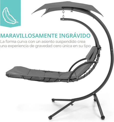 Miniatura 3 de Best Choice Products Silla colgante curva de acero para exterior, silla de descanso tipo chaise lounge con cojín integrado y toldo extraíble - Gris