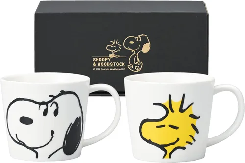 Kaneshotouki Snoopy & Woodstock 623750 - Juego de 2 tazas (9.5 fl oz), de cerámica blanca, para uso diario, resistente al calor, fabricado en Japón
