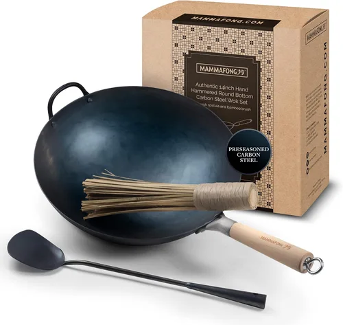 Juego tradicional de wok de acero al carbono con fondo redondo martillado a mano con espátula Wok y cepillo de bambú (juego de wok presazonado de 14