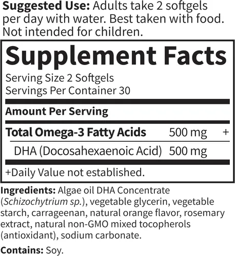 Miniatura 5 de Garden of Life Minami Algae Omega 3 DHA vegano para la salud cerebral y ocular - Sabor naranja, 500 mg de aceite de algas vegano DHA Omega-3 a base