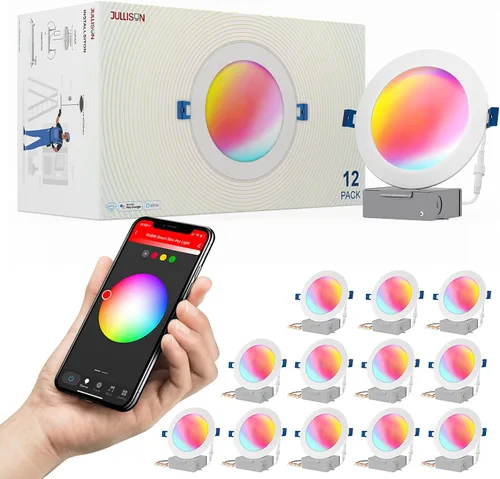Miniatura 8 de Luz LED inteligente empotrada delgada de 6 pulgadas, cuadrada, aplicación WiFi y control de voz, 120 V, 13 W, 1000 LM, RGB + 2700K-6000K