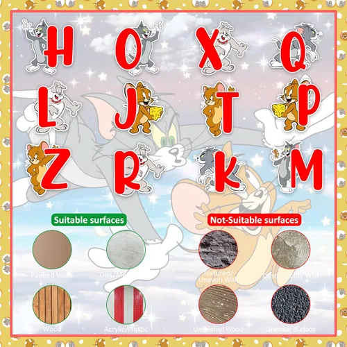 Miniatura 6 de Tom & Jery - Adhesivo decorativo para pared del alfabeto (A–Z), divertido alfabeto de dibujos animados para espacios de aprendizaje, calcomanías