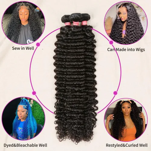 Miniatura 6 de Paquetes de Cabello Humano de Ondas Profundas （12 14 16 ）12A 100% Sin Procesar Cabello Humano Virgen Brasileño Profundo Rizado Tejido de Cabello