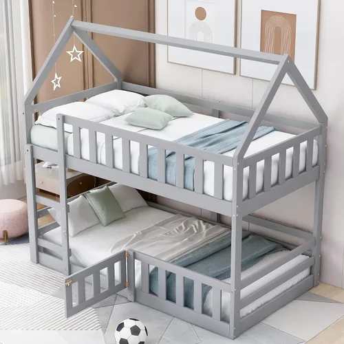 Miniatura 10 de Harper & Bright Designs - Litera de casa individual sobre cama individual con tobogán para niños y niñas, litera de piso de madera con techo y Gris