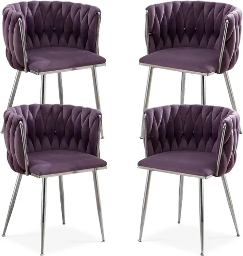 Miniatura 8 de Juego de 2 sillas de comedor de terciopelo, sillas laterales tapizadas tejidas con patas de metal plateado, Sillas de Comedor 2, sillas decorativas