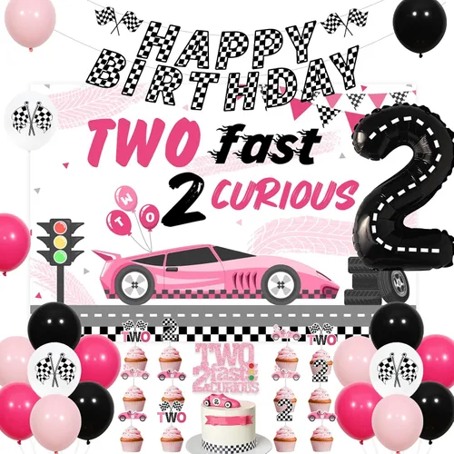 Sursurprise Dos decoraciones de cumpleaños rápidas para niña, dos fondos de fondo curiosos de Fast 2 para decoración de tartas, pancarta de auto de