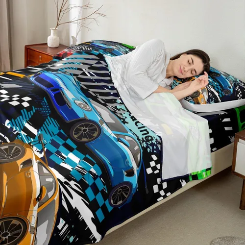 Miniatura 2 de Manfei Coloful - Juego de sábanas de auto de carreras para niños, tamaño individual, juego de ropa de cama para niños y adolescentes, decoración