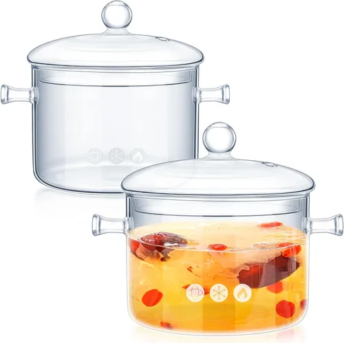 Zubebe Juego de 2 ollas de vidrio para cocinar en la estufa, cacerola de vidrio con tapa, resistente al calor, ollas y sartenes transparentes,