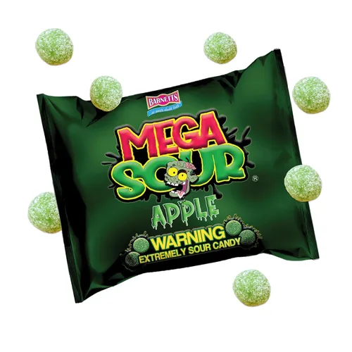 Barnetts - Mega Sour Candy Apple 3.67 oz - Bolsas dulces de moda - Dulces tradicionalmente hechos a mano - Revestimiento agrio dura 20 segundos -