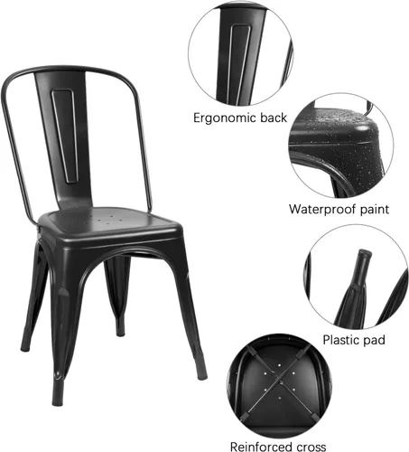Miniatura 7 de Flamaker Sillas de comedor de metal para uso en interiores y exteriores, sillas laterales apilables con respaldo para cocina industrial, sillas Negro