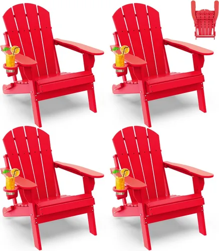 Miniatura 22 de GREENVINES Juego de 2 sillas plegables Adirondack Plástico HDPE Silla para hoguera Todo clima Portavasos Rojo para terraza, patio