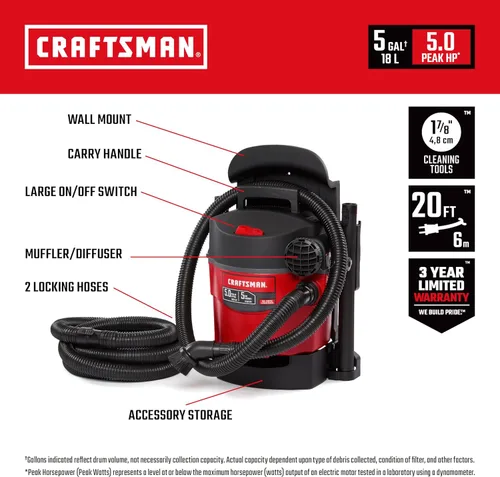 Miniatura 2 de CRAFTSMAN CMXEVBE17925 Aspiradora húmeda/seca de 5 galones, 5.0 HP máximo, aspirador portátil y de montaje en pared con filtro, 2 mangueras