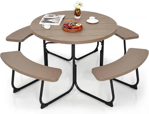 Miniatura 13 de Giantex Juego de mesa de picnic para 8 personas, mesa y banco al aire libre con agujero para paraguas, parte superior de polietileno de alta Verde