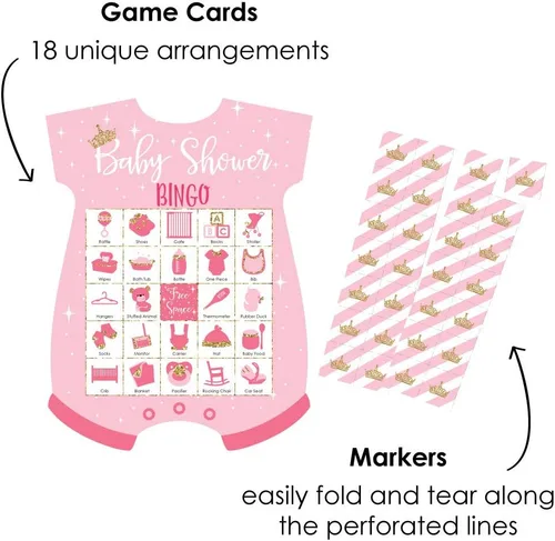 Miniatura 2 de Big Dot of Happiness Little Princess Crown - Tarjetas y marcadores de bingo con imágenes - Juego de bingo con forma de princesa rosa y dorado