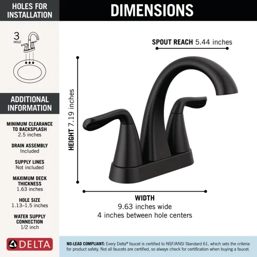 Miniatura 5 de Delta Arvo Centerset Grifo de baño, grifo de baño de 2 manijas negro mate, grifo de lavabo de baño Delta, grifo de baño negro de 3 agujeros, grifo