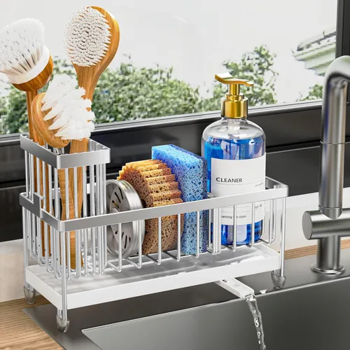 Miniatura 15 de Cisily Soporte de esponja negro extra grande para fregadero de cocina, organizador de fregadero con soporte alto para cepillos, organizadores