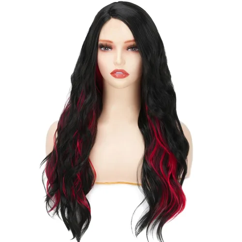 Peluca larga ondulada negra y roja para mujer, color rojo y negro, degradado, sintética, resistente al calor, para disfraz de cosplay